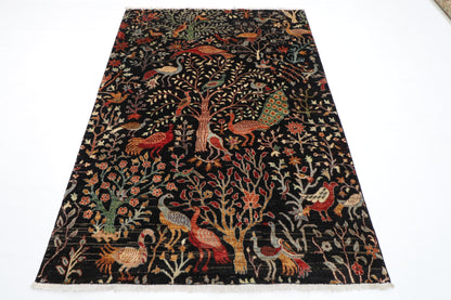 149 x 204 cm | Birds Pictorial Black Afghan Hand Knotted Carpet