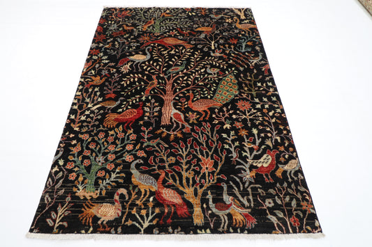 149 x 204 cm | Birds Pictorial Black Afghan Hand Knotted Carpet