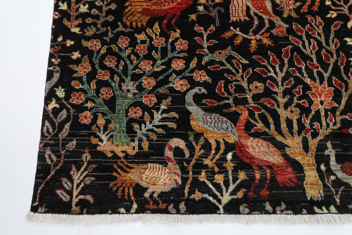 149 x 204 cm | Birds Pictorial Black Afghan Hand Knotted Carpet