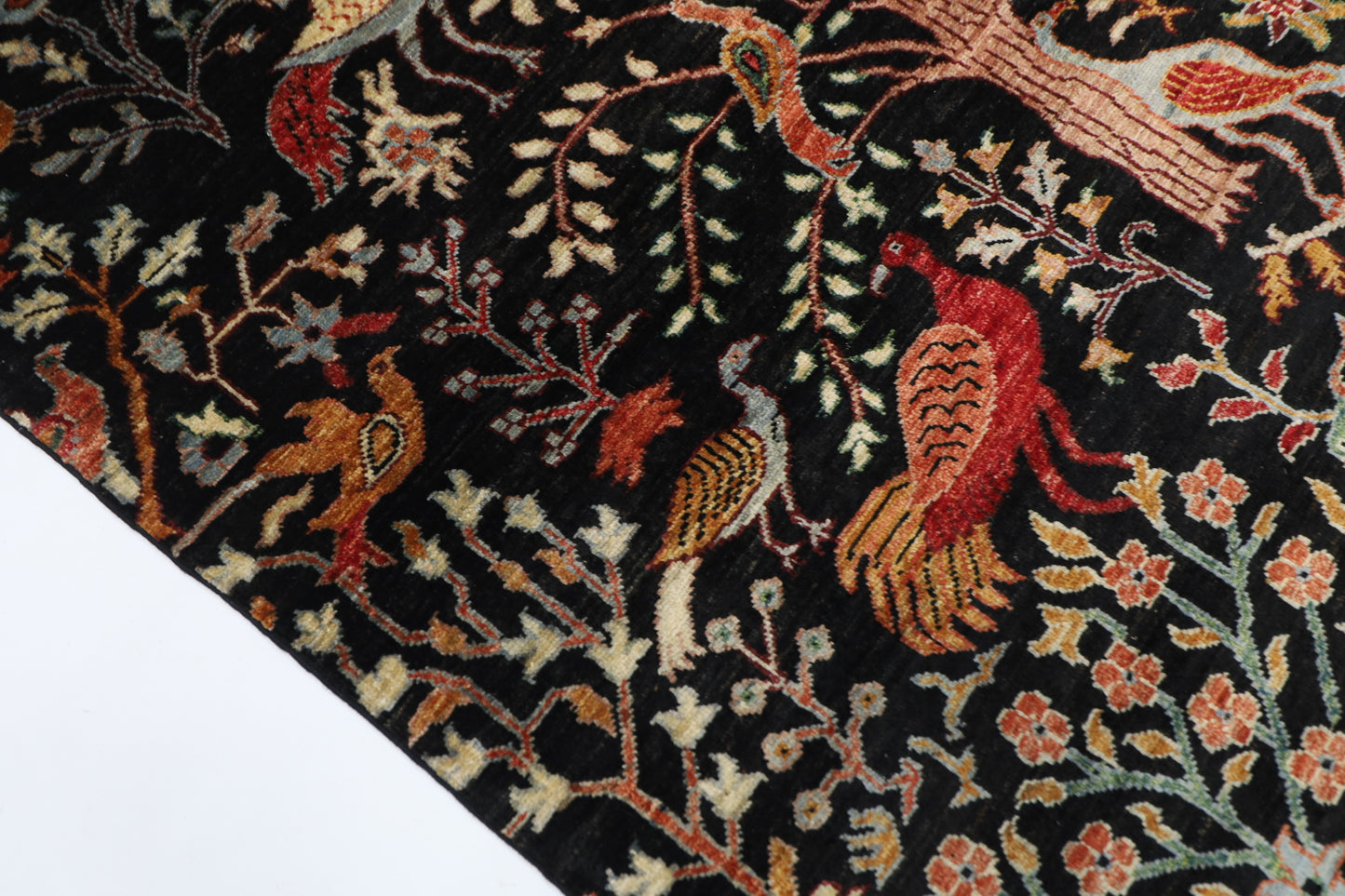 149 x 204 cm | Birds Pictorial Black Afghan Hand Knotted Carpet