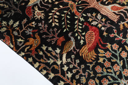 149 x 204 cm | Birds Pictorial Black Afghan Hand Knotted Carpet