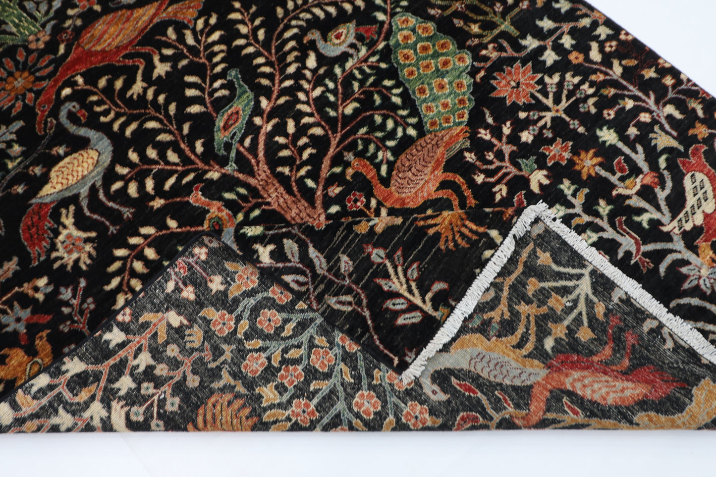 149 x 204 cm | Birds Pictorial Black Afghan Hand Knotted Carpet
