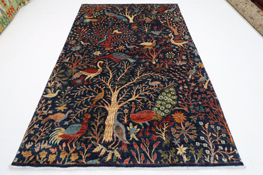 185 x 272 cm | Birds Navy Blue Afghan Hand Knotted Carpet