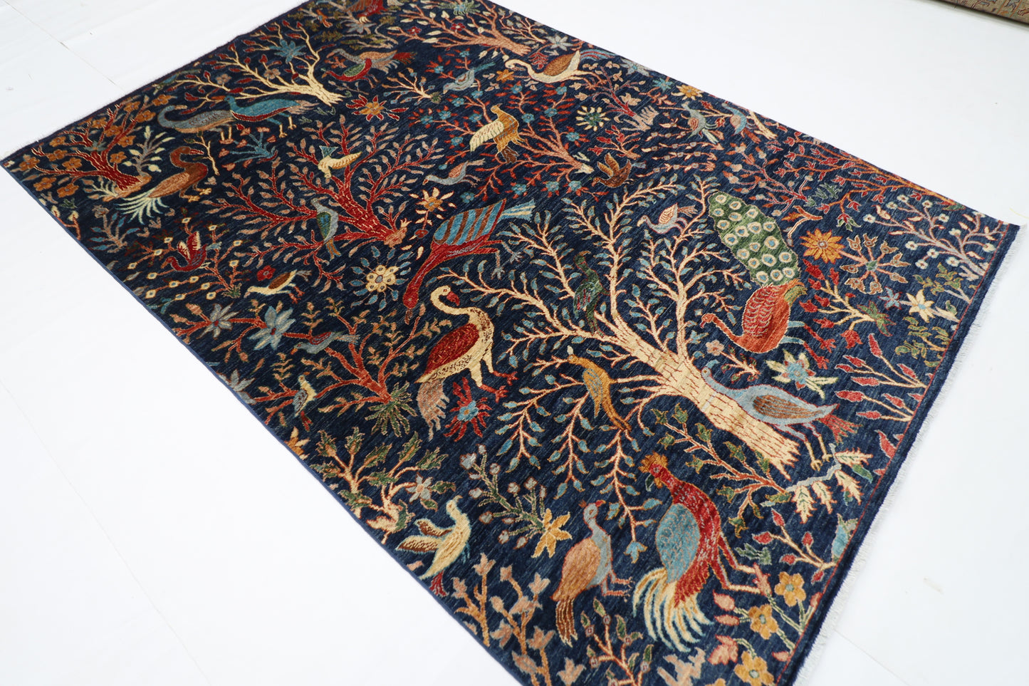 185 x 272 cm | Birds Navy Blue Afghan Hand Knotted Carpet