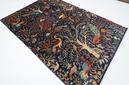 185 x 272 cm | Birds Navy Blue Afghan Hand Knotted Carpet