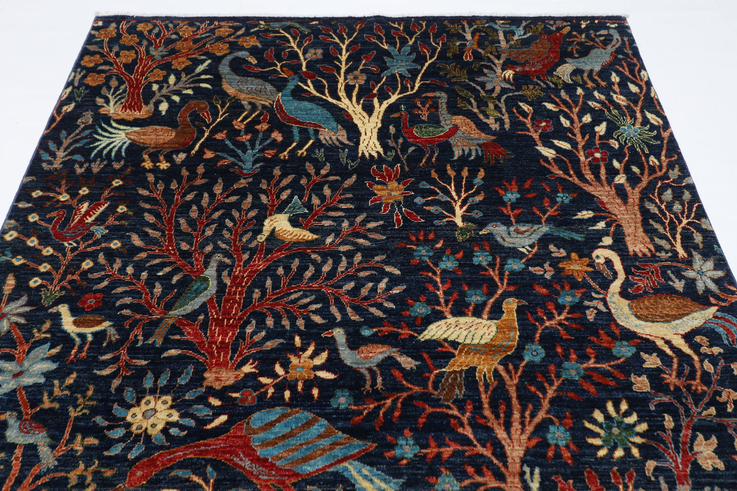 185 x 272 cm | Birds Navy Blue Afghan Hand Knotted Carpet