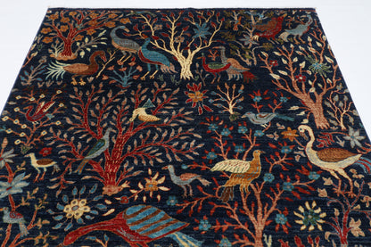 185 x 272 cm | Birds Navy Blue Afghan Hand Knotted Carpet