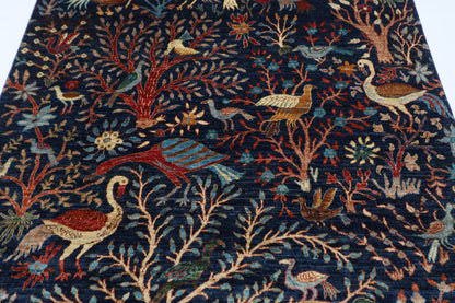 185 x 272 cm | Birds Navy Blue Afghan Hand Knotted Carpet