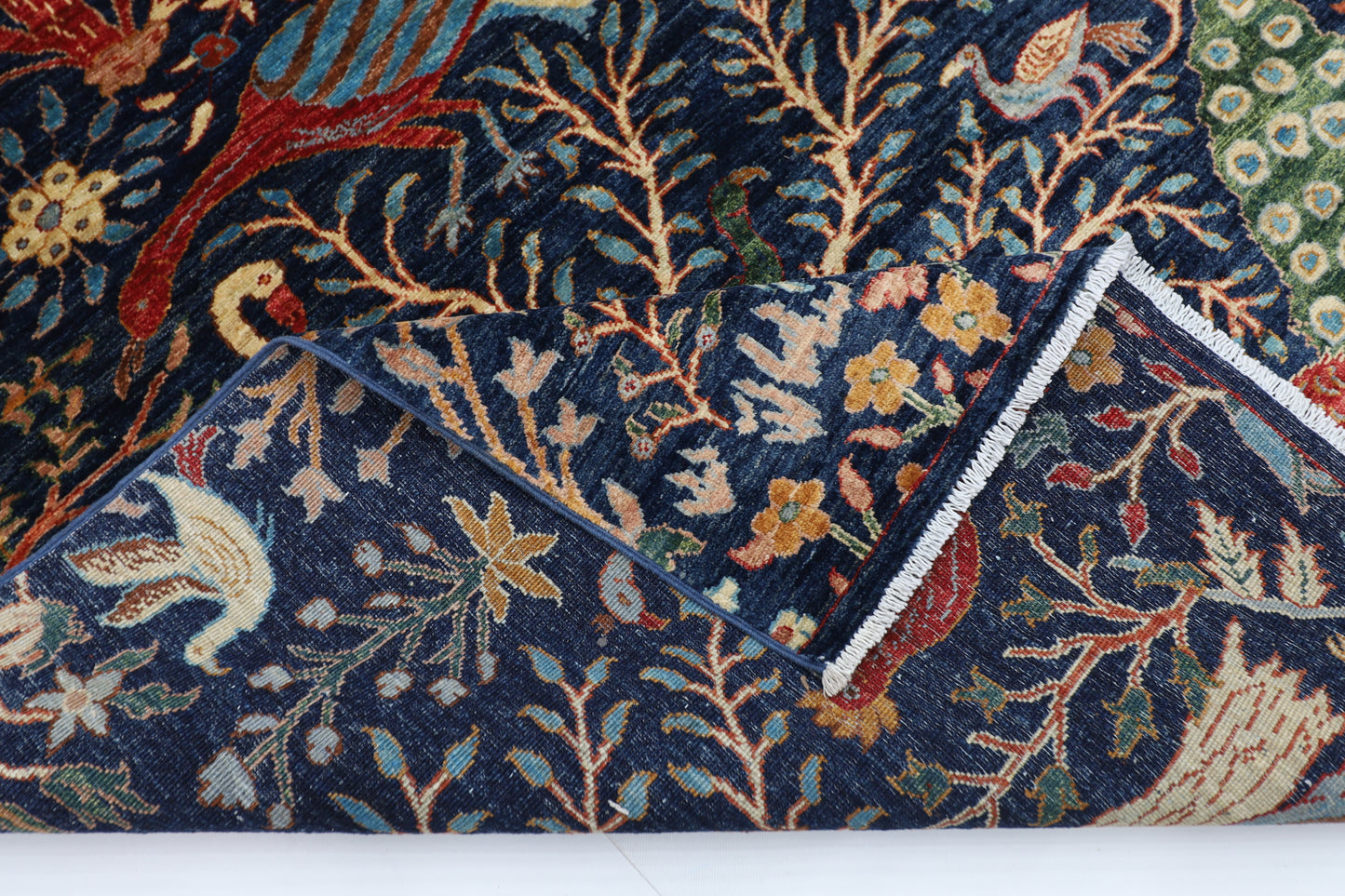 185 x 272 cm | Birds Navy Blue Afghan Hand Knotted Carpet