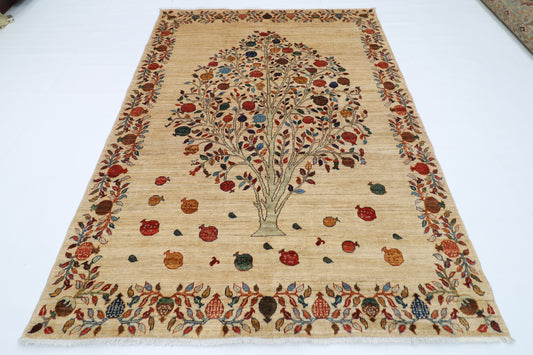 179 x 246 cm | Beige Pomegranate Tree Afghan Hand Knotted Carpet