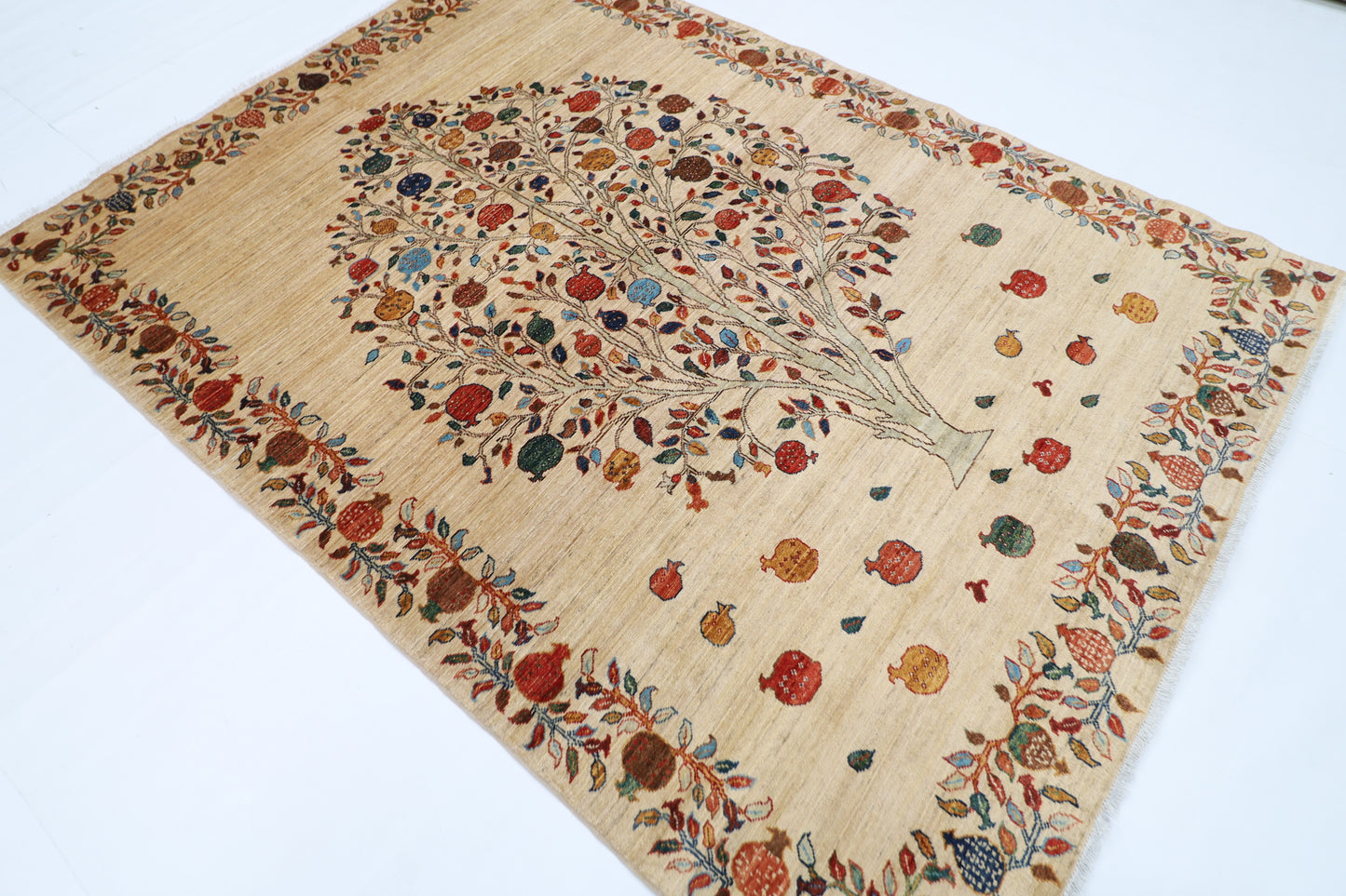179 x 246 cm | Beige Pomegranate Tree Afghan Hand Knotted Carpet