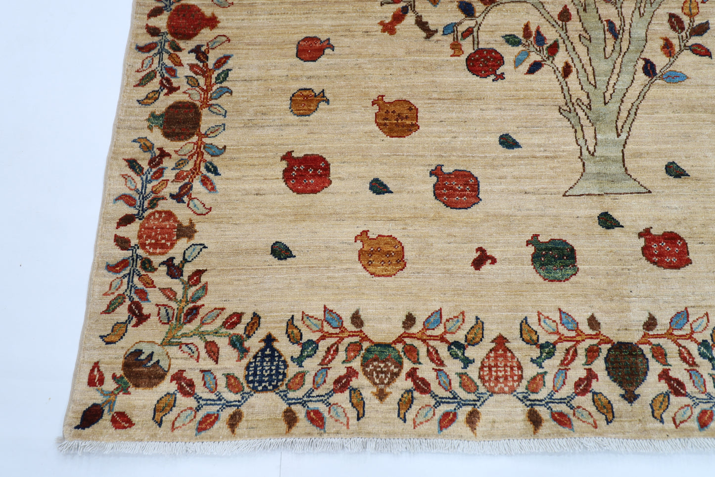 179 x 246 cm | Beige Pomegranate Tree Afghan Hand Knotted Carpet