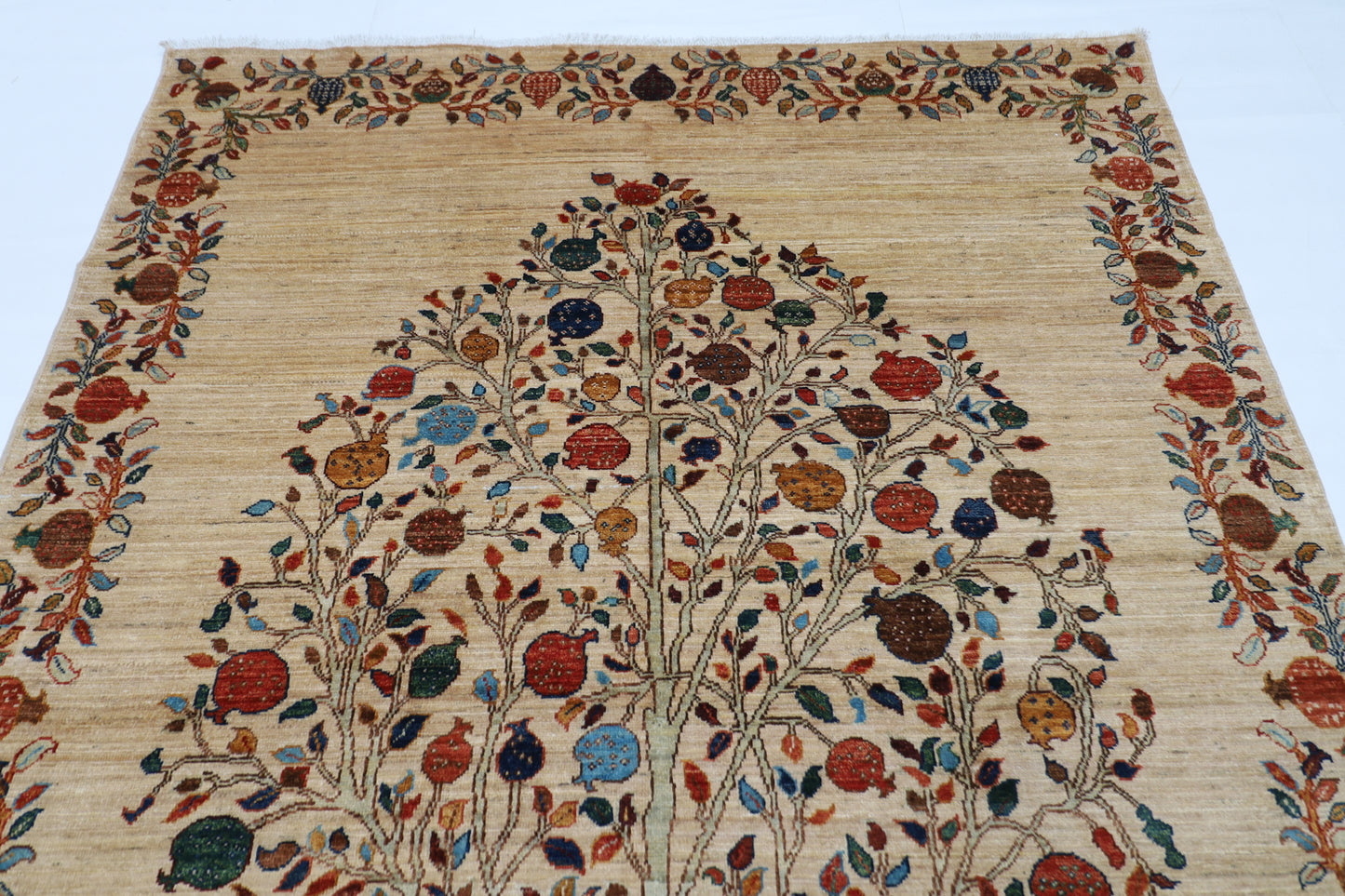 179 x 246 cm | Beige Pomegranate Tree Afghan Hand Knotted Carpet
