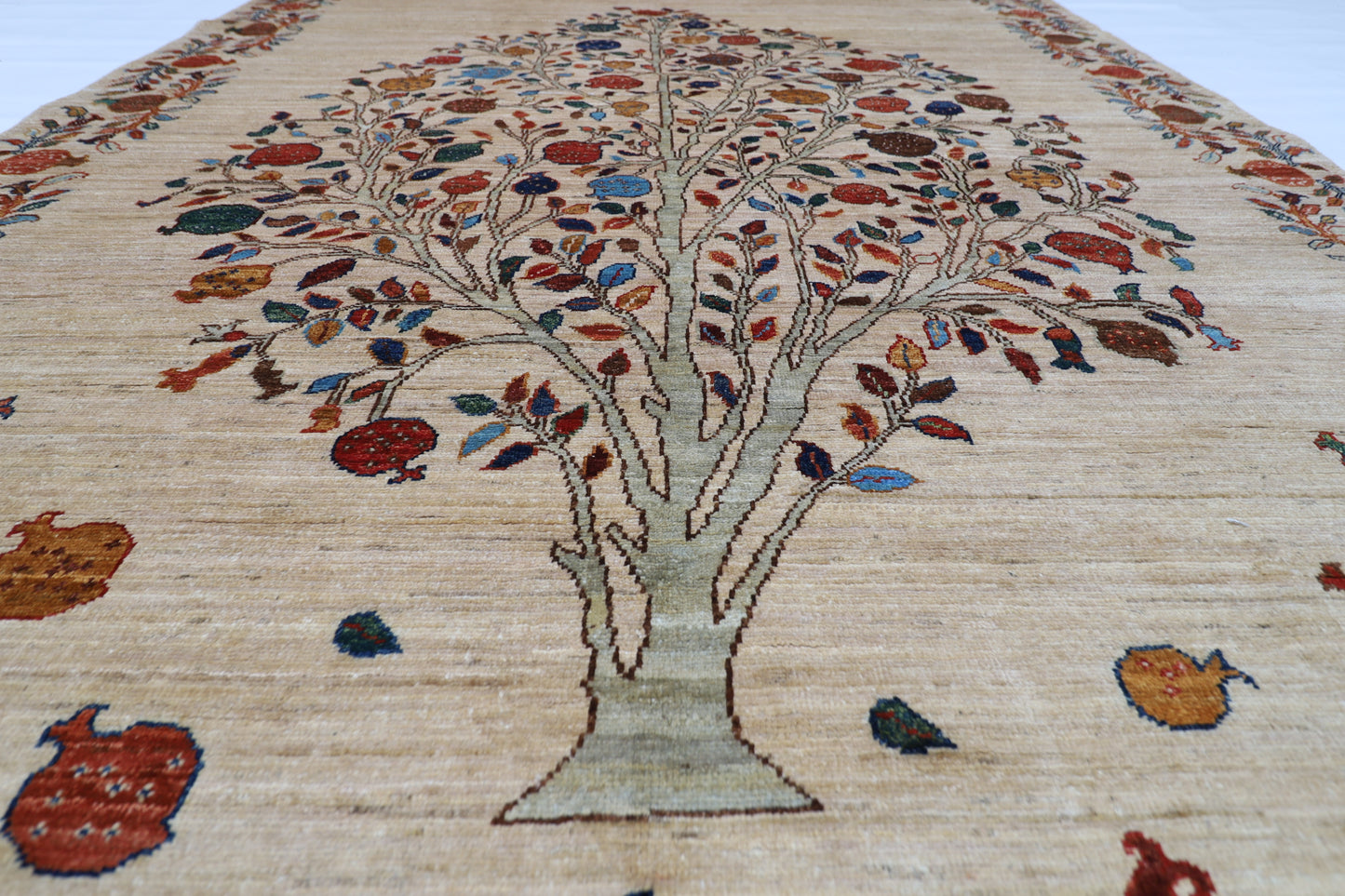 179 x 246 cm | Beige Pomegranate Tree Afghan Hand Knotted Carpet