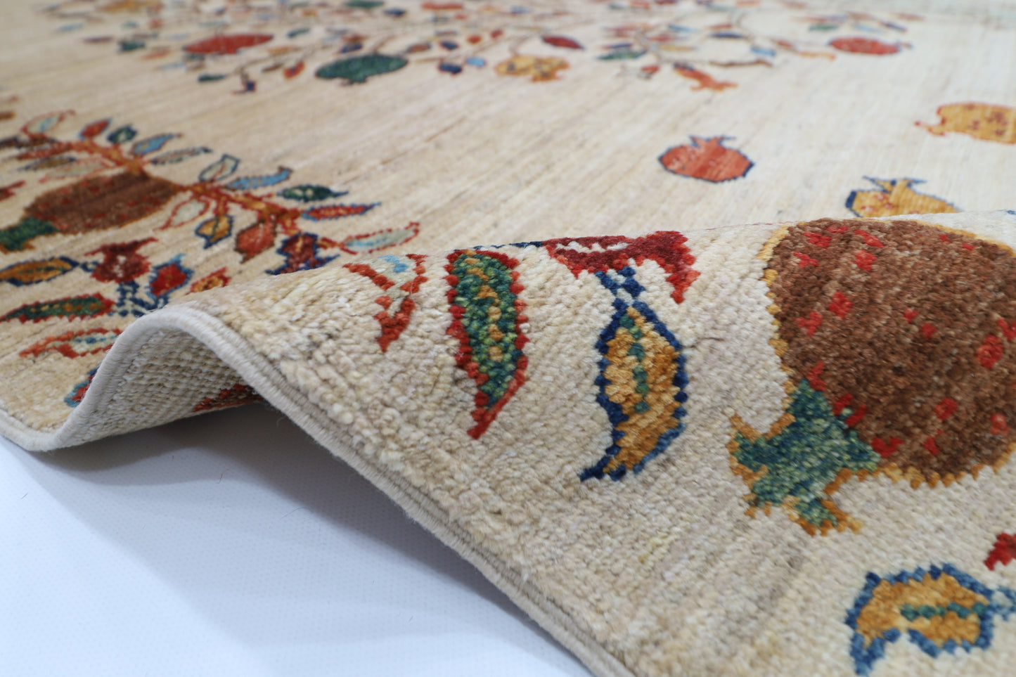 179 x 246 cm | Beige Pomegranate Tree Afghan Hand Knotted Carpet