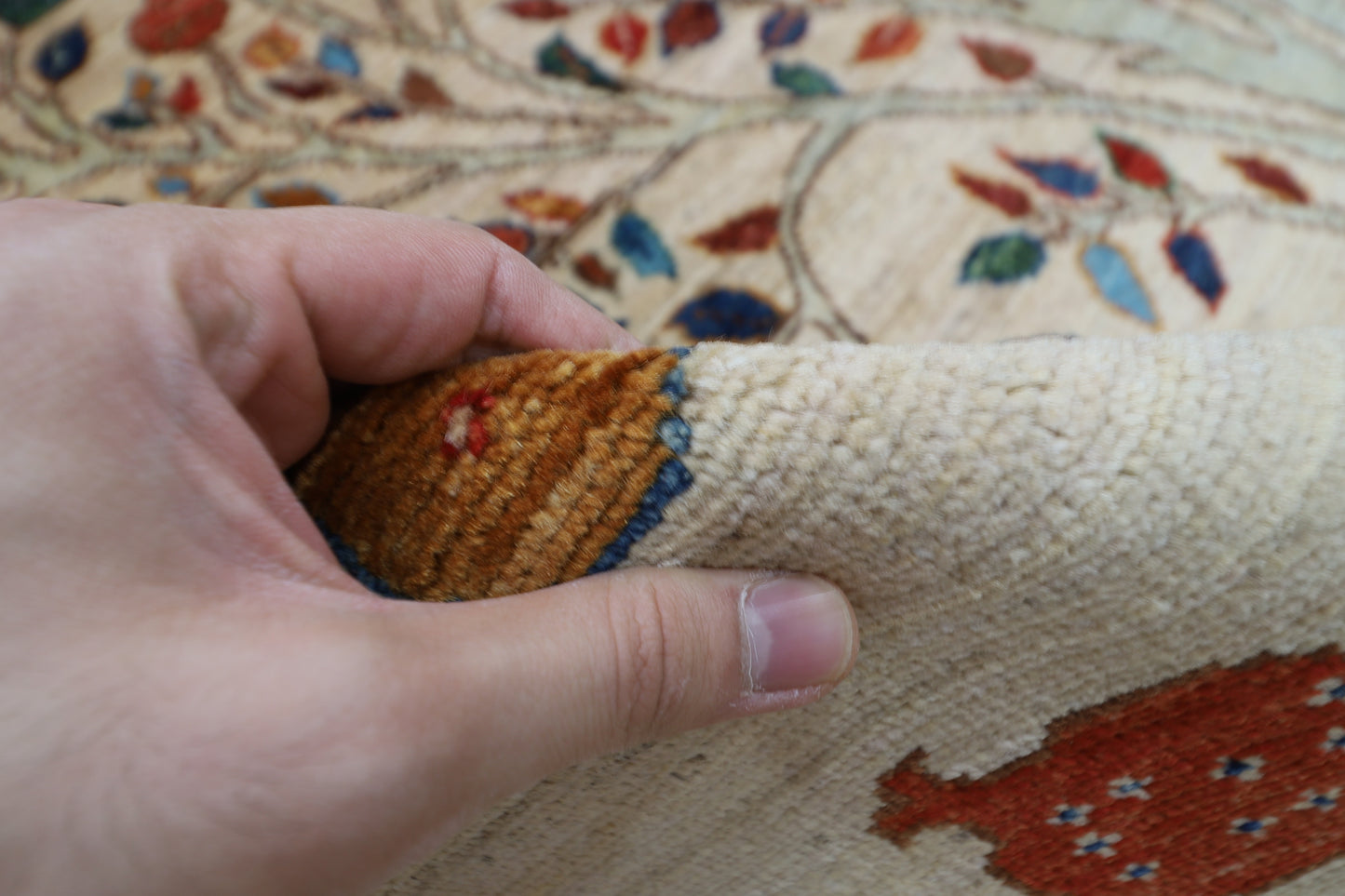 179 x 246 cm | Beige Pomegranate Tree Afghan Hand Knotted Carpet