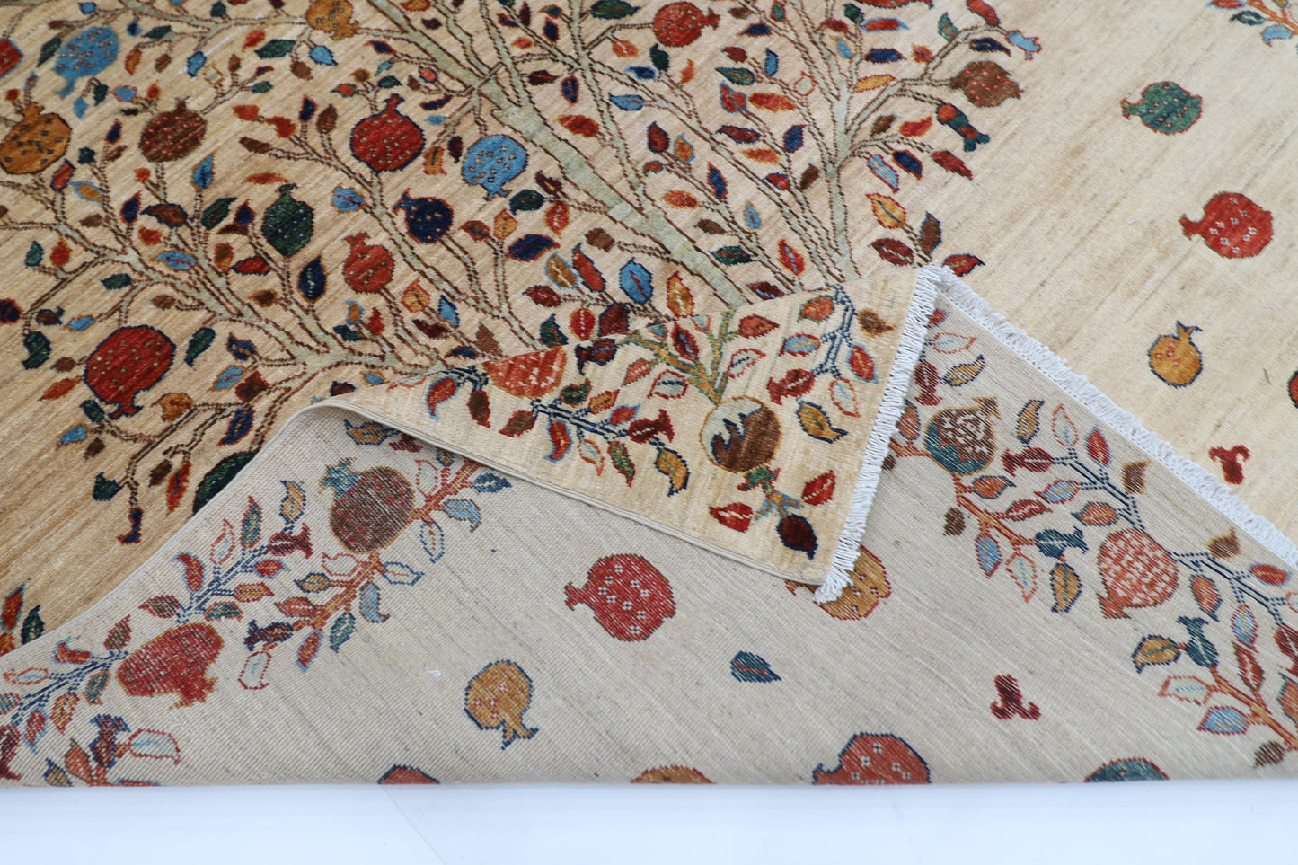 179 x 246 cm | Beige Pomegranate Tree Afghan Hand Knotted Carpet