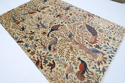 197 x 299 cm | Beige Birds Afghan Hand Knotted Carpet