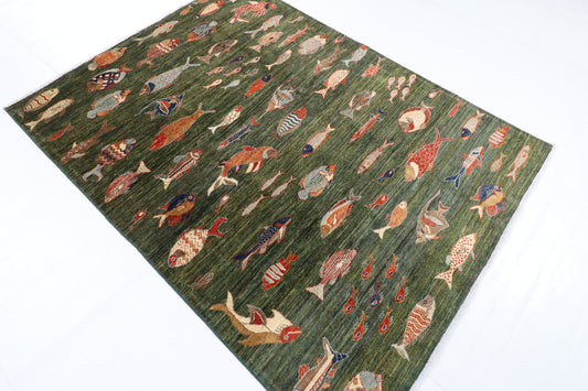 152 x 203 cm | Fish Party Afghan Veg Dye Wool carpet