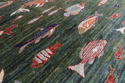 152 x 203 cm | Fish Party Afghan Veg Dye Wool carpet