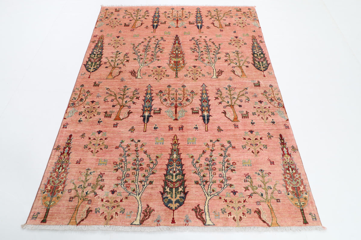 154 x 200 cm | Pink Trees Afghan Veg Dye Wool carpet