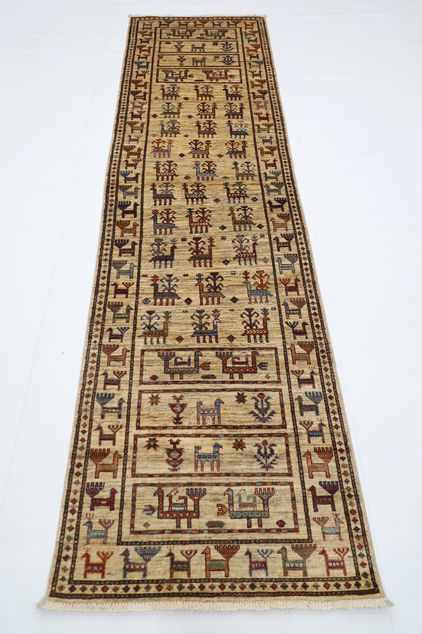80 x 289 cm | Beige Animal Afghan Hand Knotted Runner
