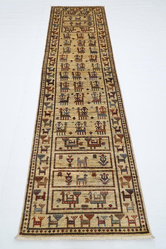 80 x 289 cm | Beige Animal Afghan Hand Knotted Runner