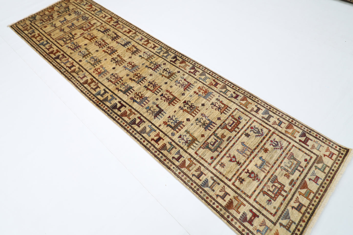 80 x 289 cm | Beige Animal Afghan Hand Knotted Runner