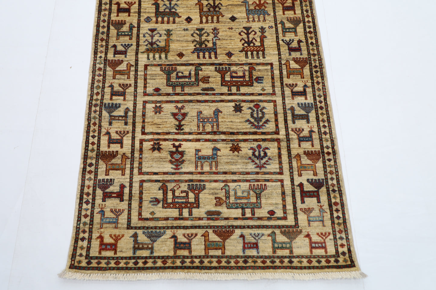 80 x 289 cm | Beige Animal Afghan Hand Knotted Runner
