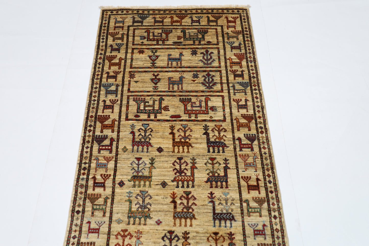 80 x 289 cm | Beige Animal Afghan Hand Knotted Runner