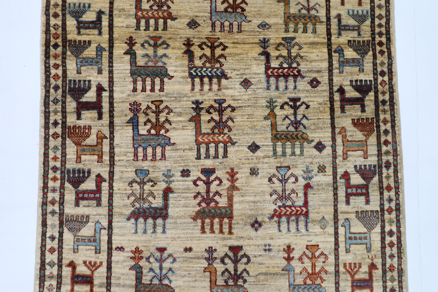 80 x 289 cm | Beige Animal Afghan Hand Knotted Runner