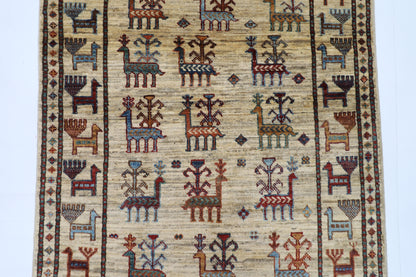 80 x 289 cm | Beige Animal Afghan Hand Knotted Runner
