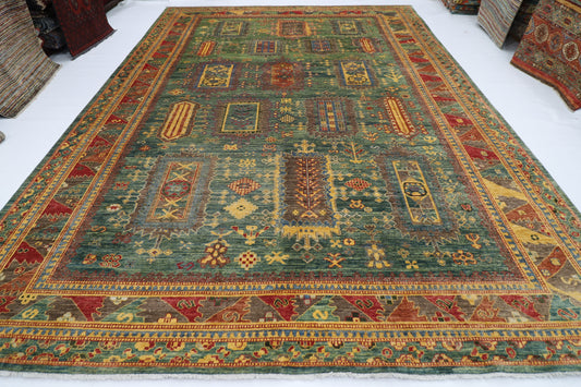 309 x 423 cm | Traditional balochi Green Area Rug Afghan Hand Knotted veg Dye Wool carpet