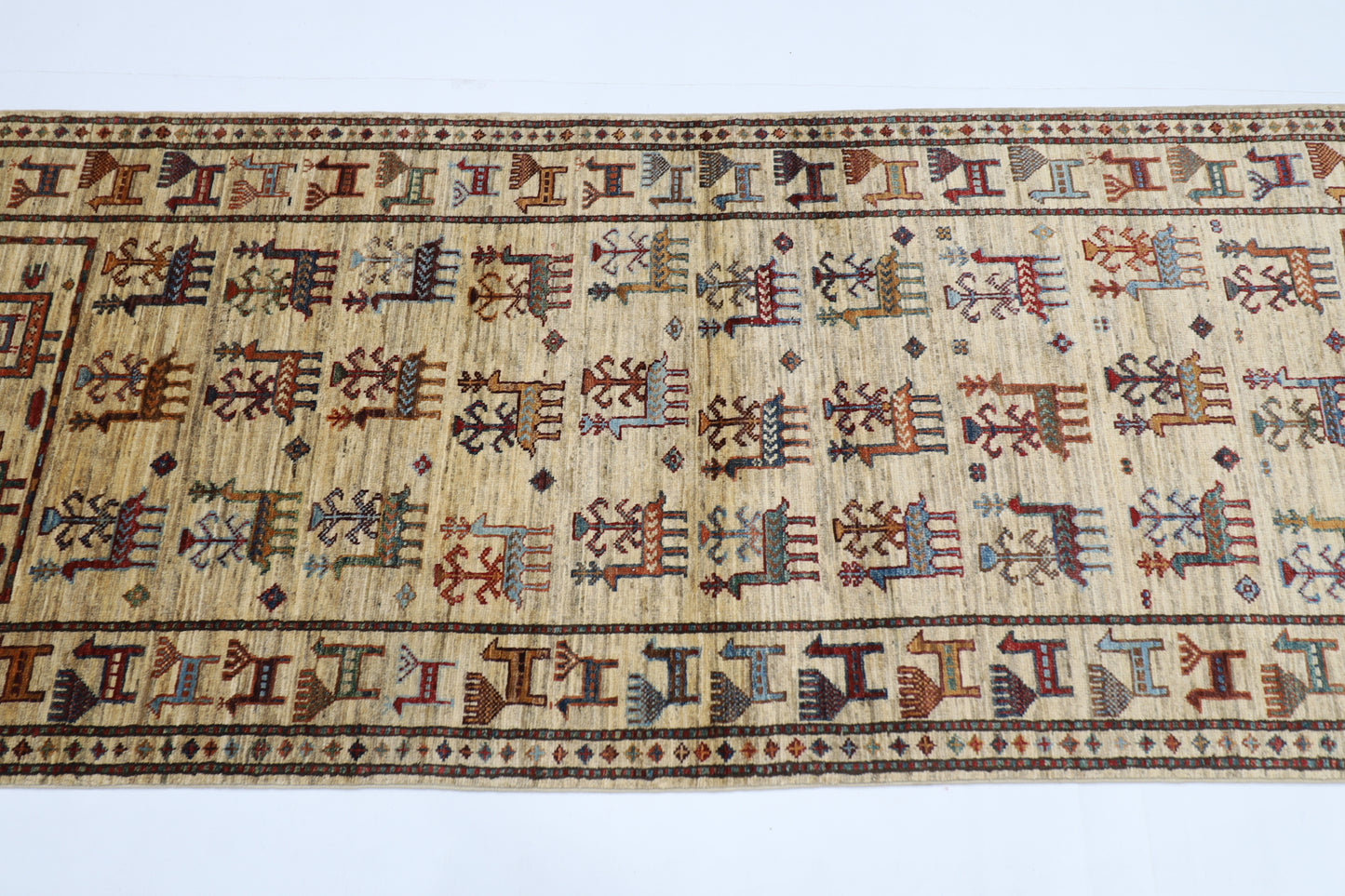 80 x 289 cm | Beige Animal Afghan Hand Knotted Runner