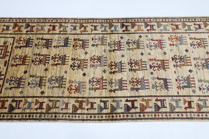 80 x 289 cm | Beige Animal Afghan Hand Knotted Runner