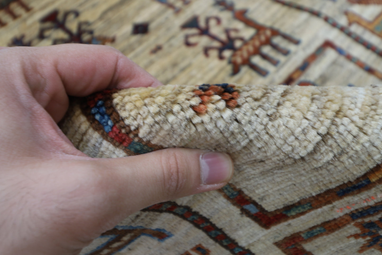 80 x 289 cm | Beige Animal Afghan Hand Knotted Runner