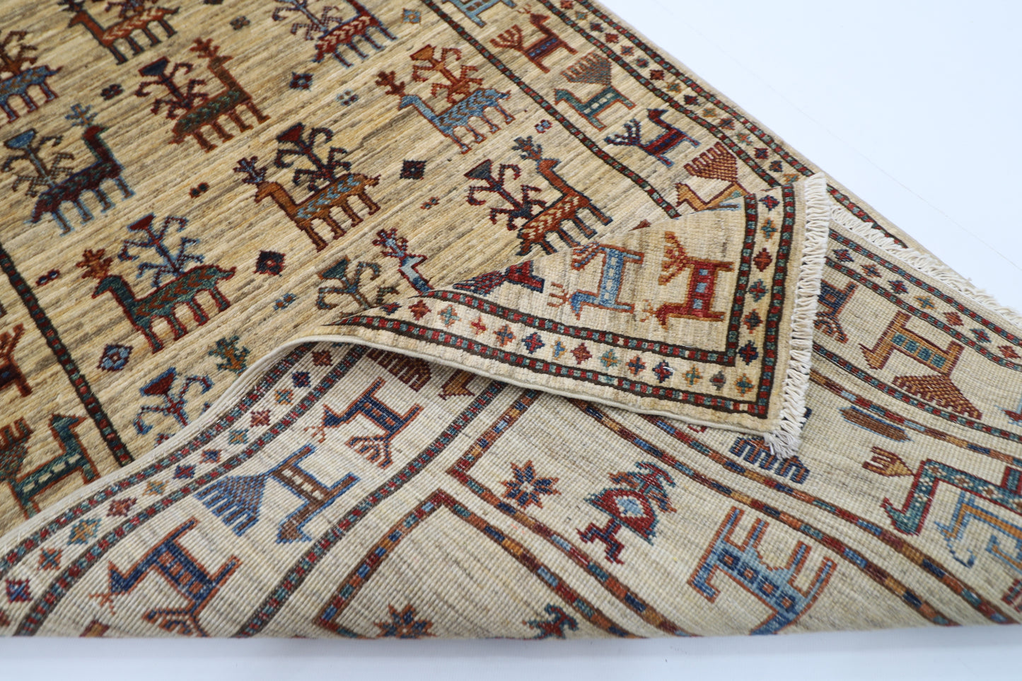 80 x 289 cm | Beige Animal Afghan Hand Knotted Runner