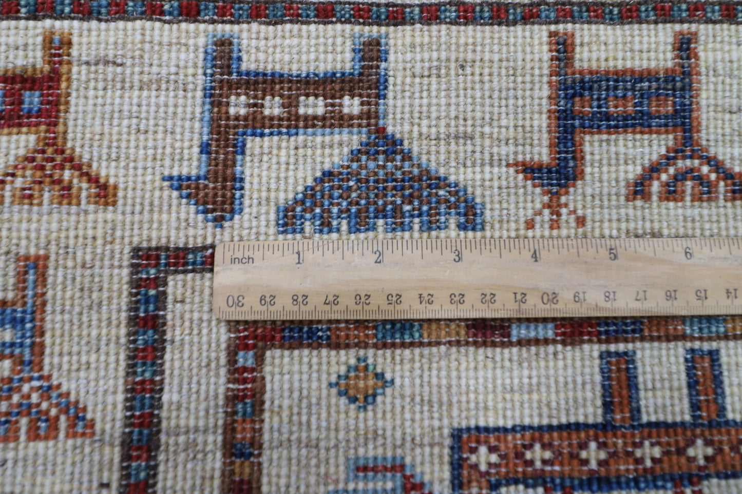 80 x 289 cm | Beige Animal Afghan Hand Knotted Runner