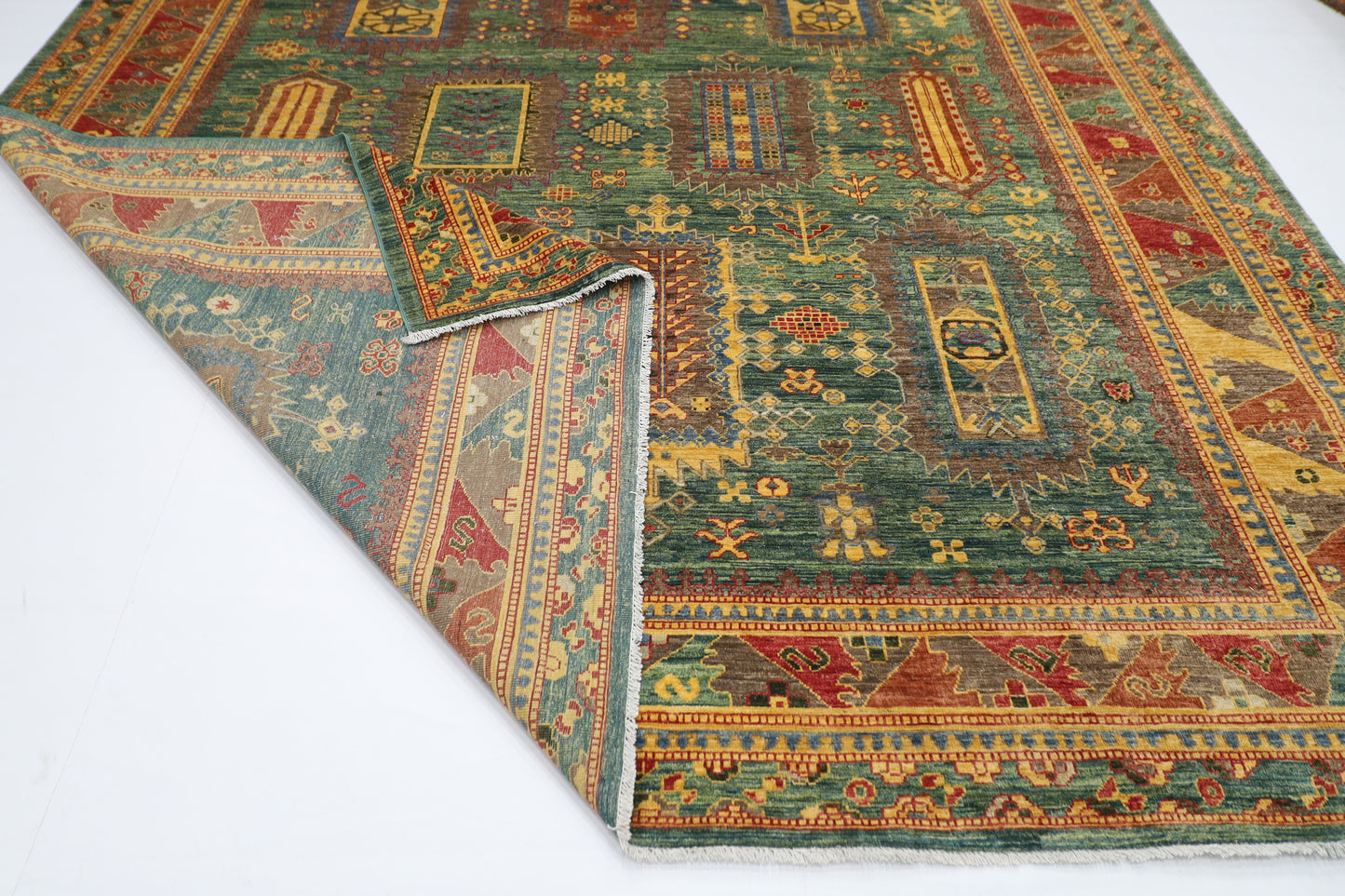 309 x 423 cm | Traditional balochi Green Area Rug Afghan Hand Knotted veg Dye Wool carpet