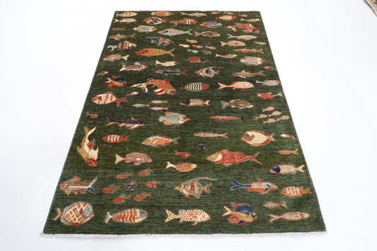 151 x 205 cm | Fish Party Afghan Veg Dye Wool carpet