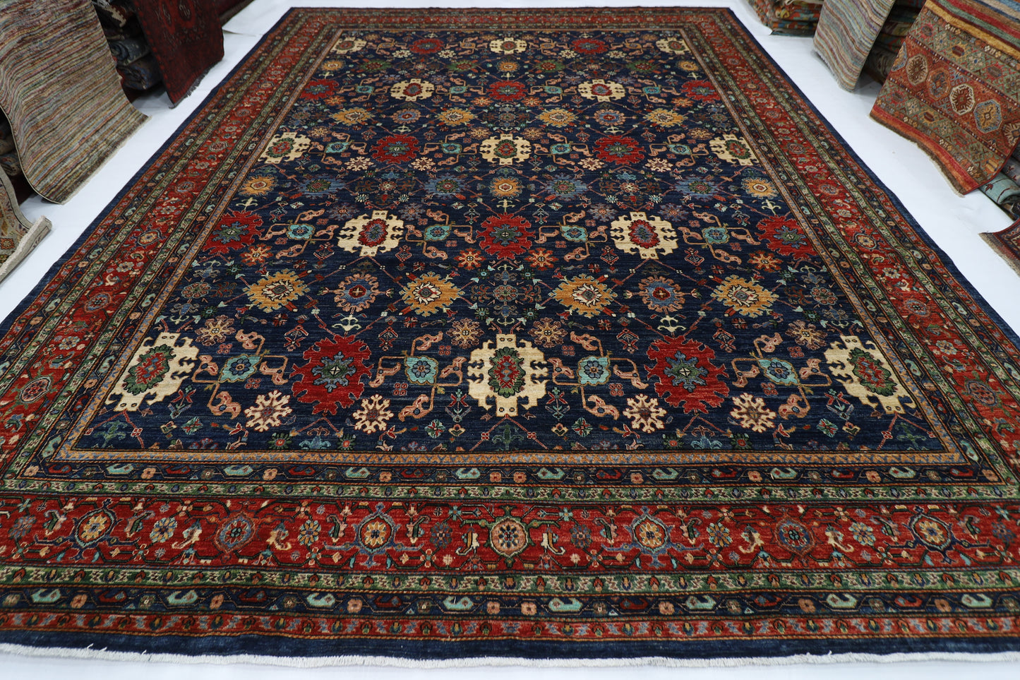 363 x 464 cm | Large Over Size Oriental Navy Blue Afghan Tribal Hand Knotted Wool Carpet