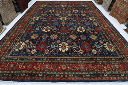 363 x 464 cm | Large Over Size Oriental Navy Blue Afghan Tribal Hand Knotted Wool Carpet