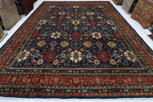 363 x 464 cm | Large Over Size Oriental Navy Blue Afghan Tribal Hand Knotted Wool Carpet