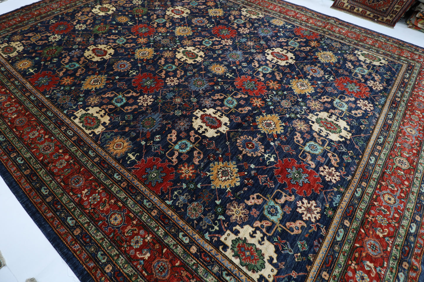 363 x 464 cm | Large Over Size Oriental Navy Blue Afghan Tribal Hand Knotted Wool Carpet