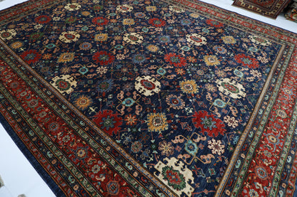 363 x 464 cm | Large Over Size Oriental Navy Blue Afghan Tribal Hand Knotted Wool Carpet