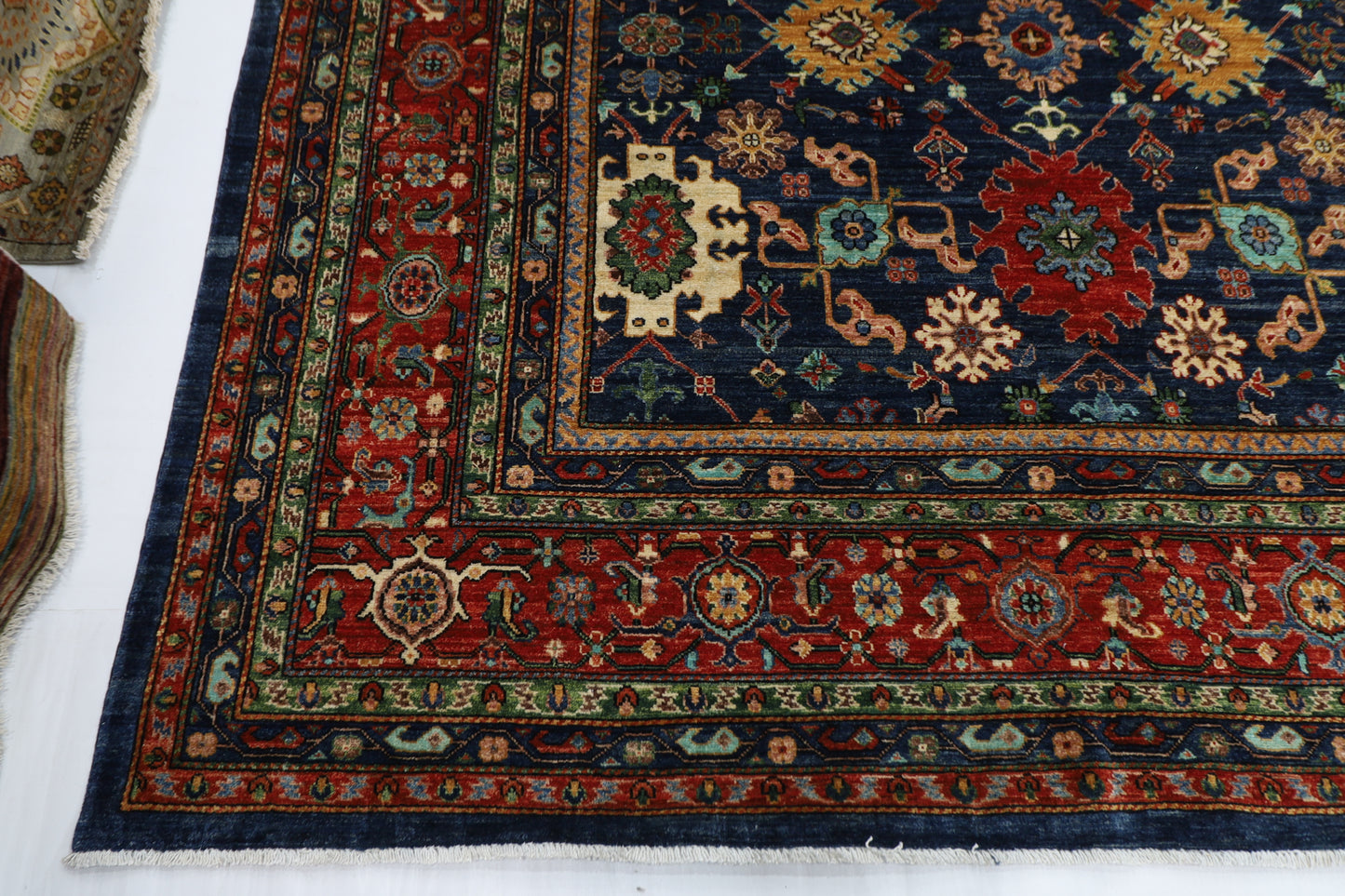 363 x 464 cm | Large Over Size Oriental Navy Blue Afghan Tribal Hand Knotted Wool Carpet