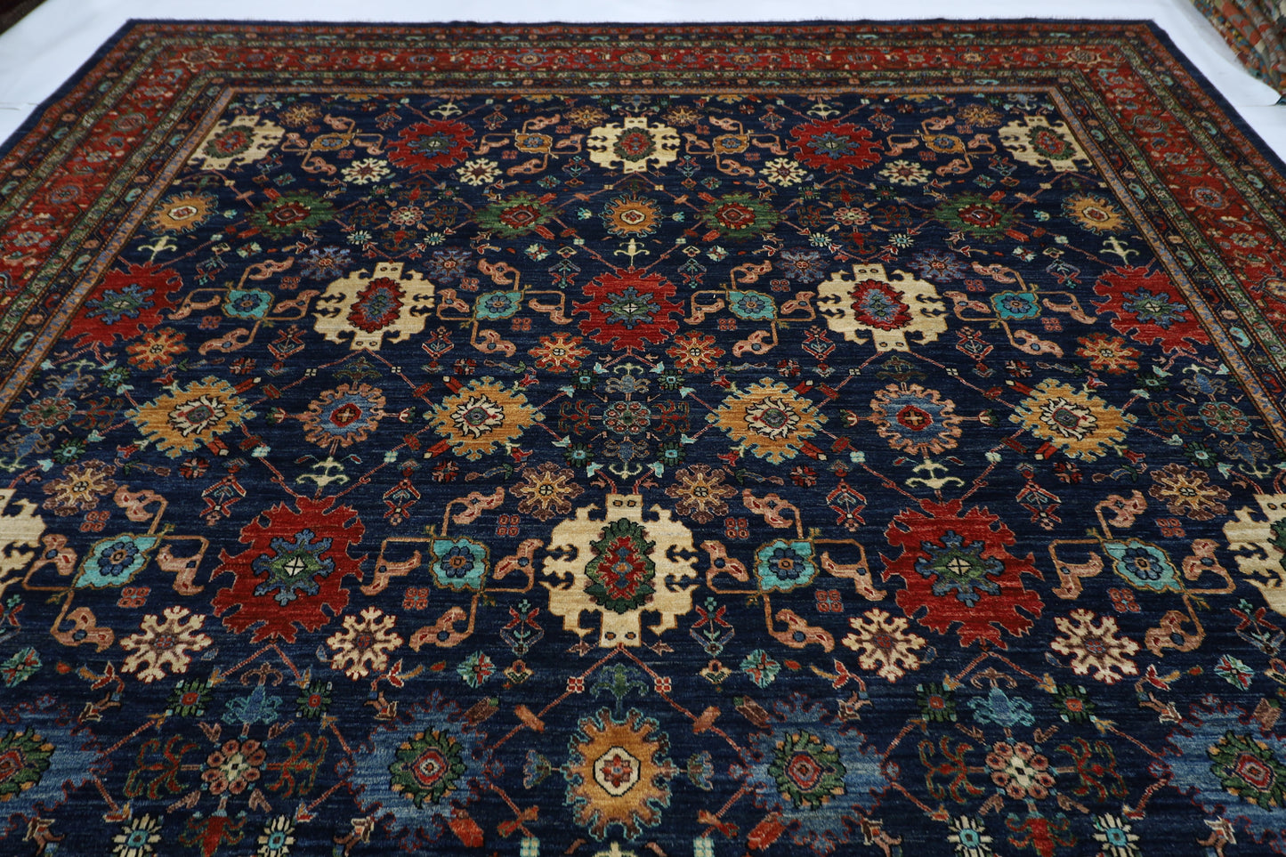 363 x 464 cm | Large Over Size Oriental Navy Blue Afghan Tribal Hand Knotted Wool Carpet