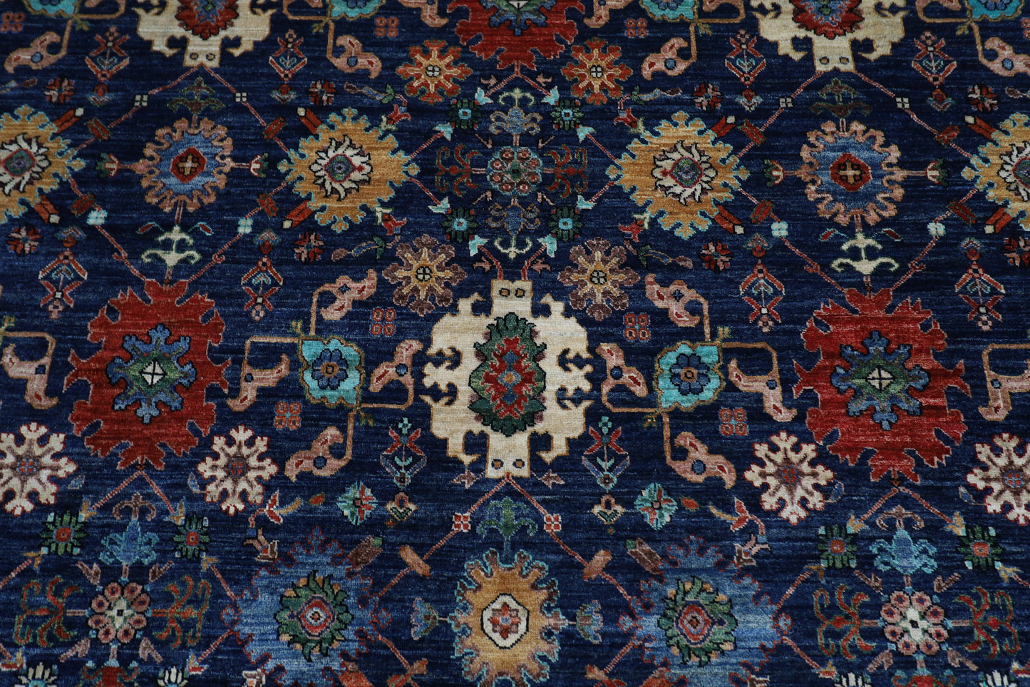 363 x 464 cm | Large Over Size Oriental Navy Blue Afghan Tribal Hand Knotted Wool Carpet