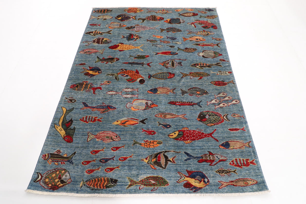 153 x 201 cm | Fish Party Afghan Veg Dye Wool carpet