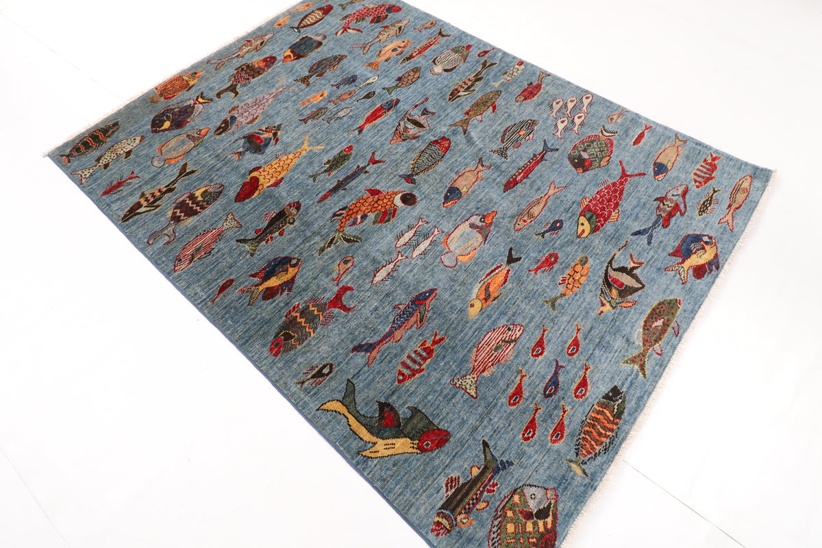 153 x 201 cm | Fish Party Afghan Veg Dye Wool carpet